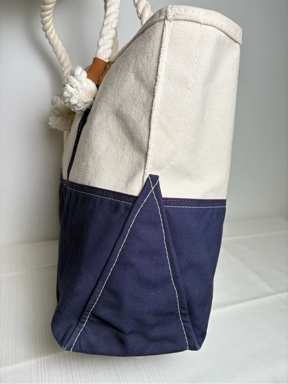 L.L. BEAN Signature Boat & Tote Canvas Bag w Rope & Leather Handles Nautical